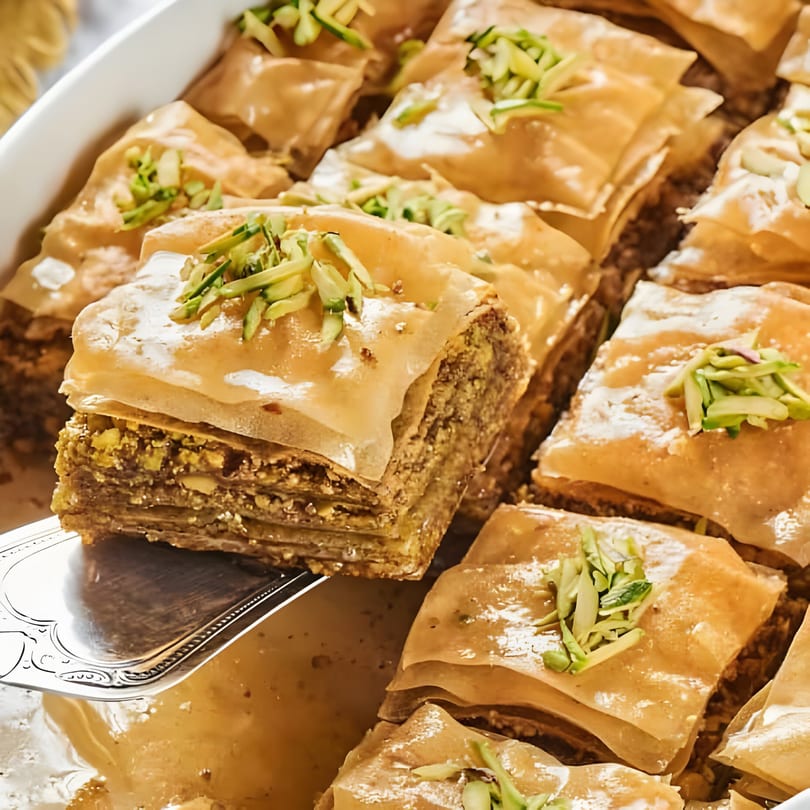 A serving of Shawarma Way's baklava, rich with nuts and syrup, being lifted from a tray.
