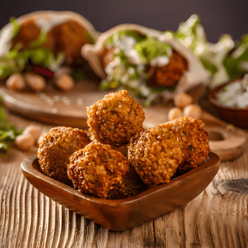 Golden-brown falafel in a wooden bowl, with shawarma wraps and chickpeas blurred in the background.