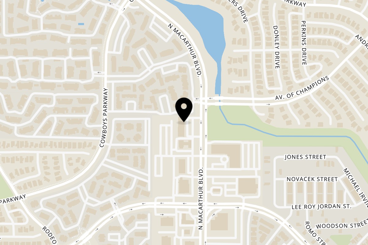 Map showing the location of Shawarma Way on 10045 N MacArthur Blvd #117 in Irving